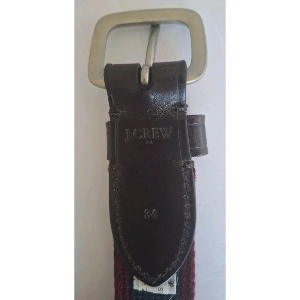 J.Crew Leather Fabric Belt Blue Red Striped Sz 34 Silver Buckle Preppy Coastal - Picture 5 of 7